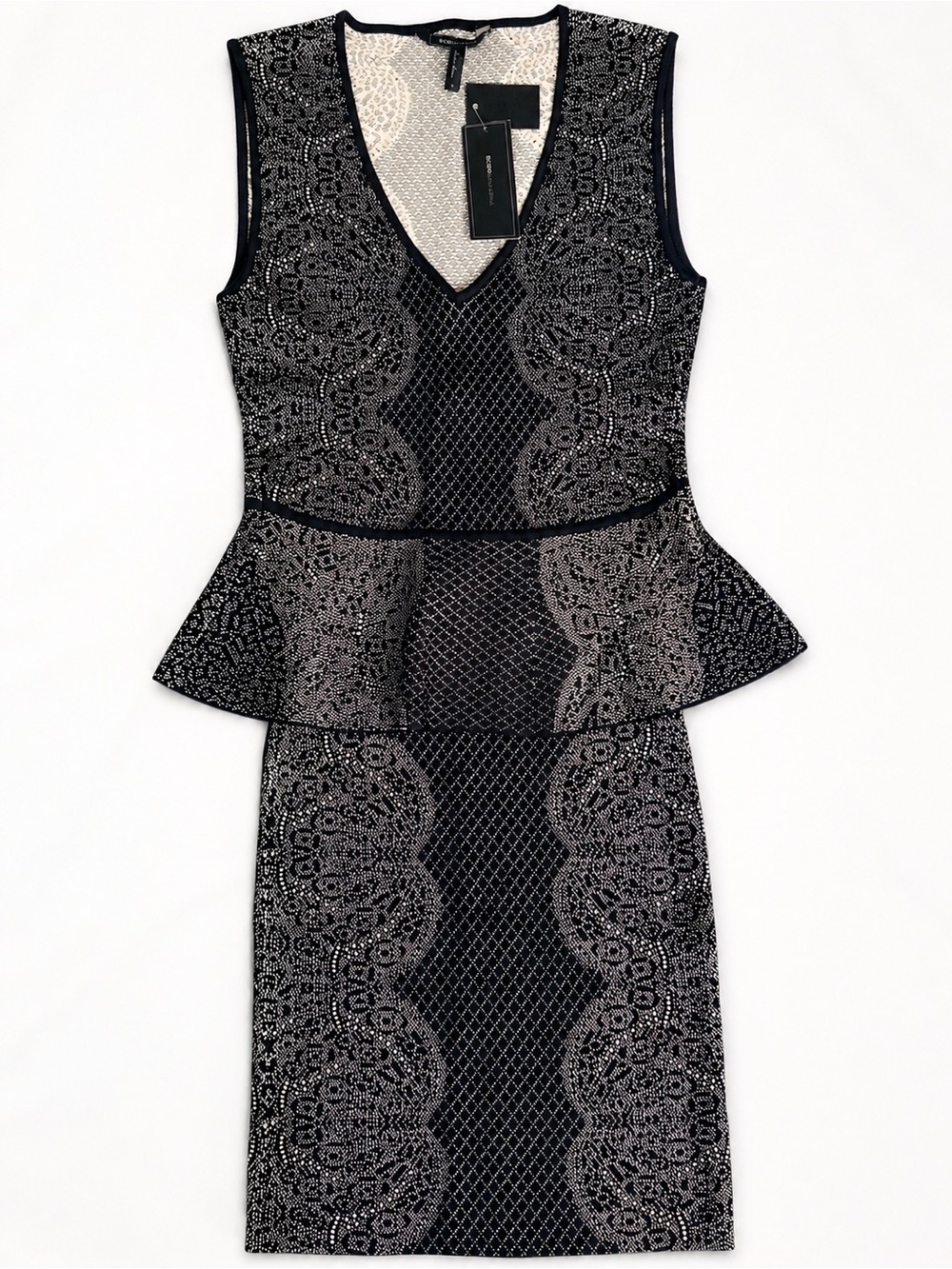 BCBGeneration Black Nude Lace Peplum Top Skirt Matching Set S, XS NEW Like New